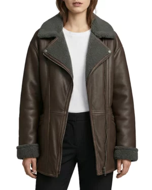 Elle Shearling Brown Leather Aviator Jacket