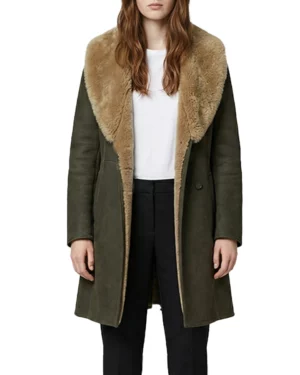 Gemma Faux Shearling Army Green Suede Knee-Length Coat