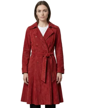 Waldorf Double Breased Red Suede Trench Coat