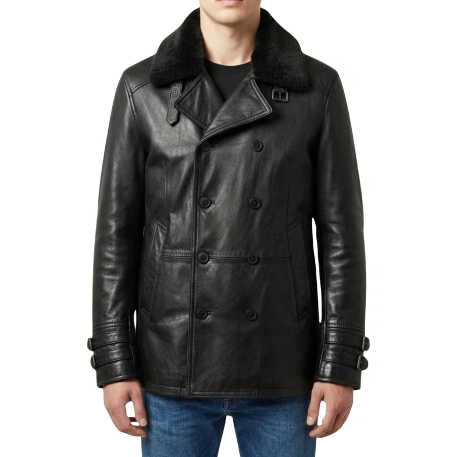 Leon Double Breasted Black Leather Jacket