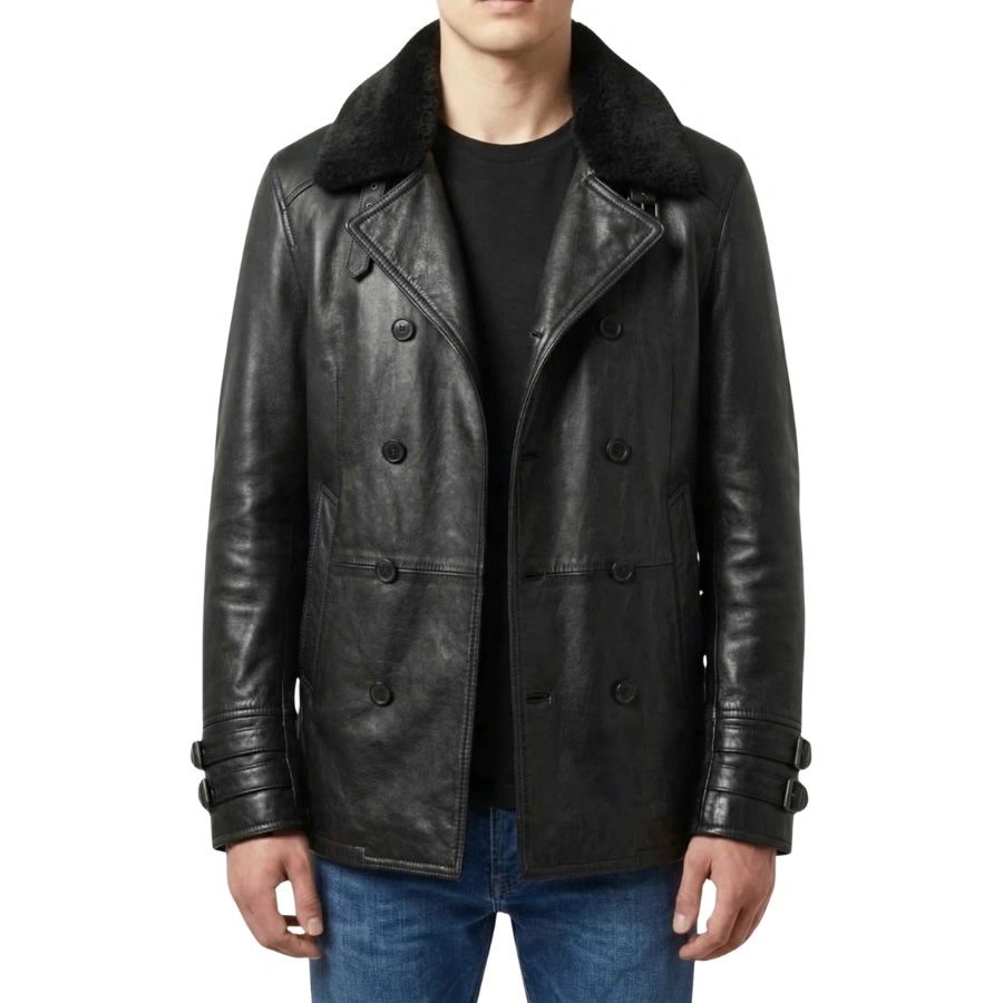 Leon Double Breasted Black Leather Jacket - Image 2