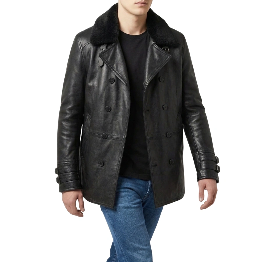 Leon Double Breasted Black Leather Jacket - Image 5