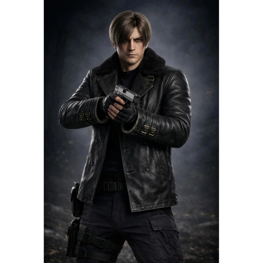 Leon Double Breasted Black Leather Jacket - Image 6