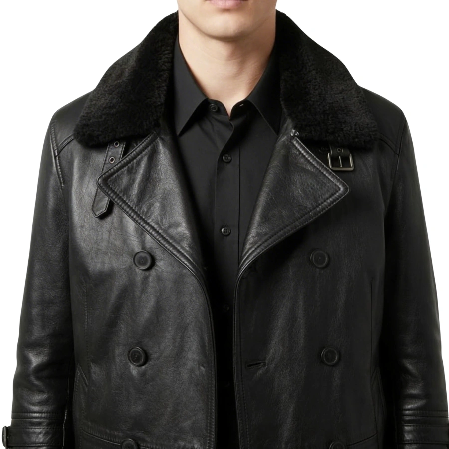 Leon Double Breasted Black Leather Jacket - Image 7