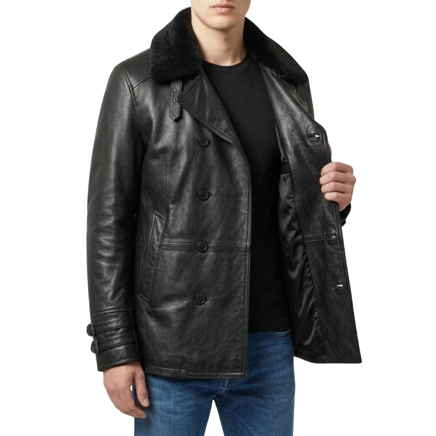 Leon Double Breasted Black Leather Jacket - Image 8