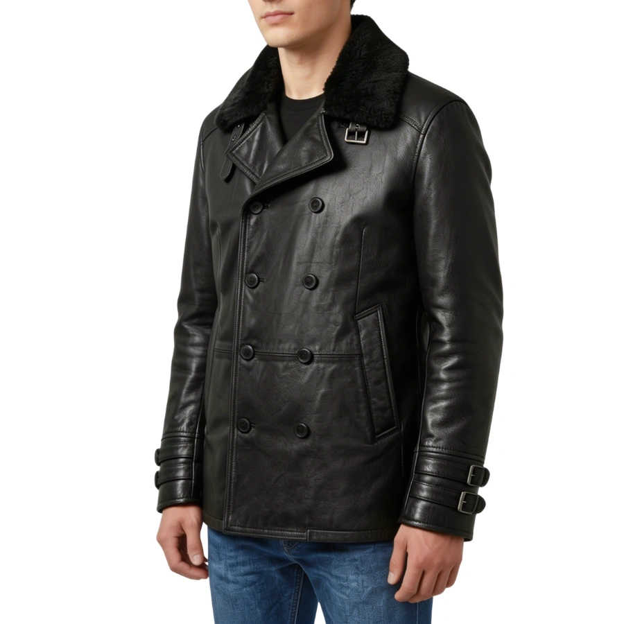 Leon Double Breasted Black Leather Jacket - Image 9